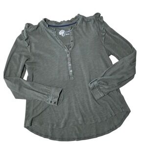 PILCRO Olive Green Ruffled Shoulder Long Sleeve Button Henley Top Women's M